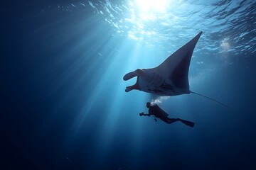 A scuba diver photographing a graceful manta ray gliding through the deep blue ocean, illuminated by rays of sunlight, tranquil and majestic underwater scene, spacious background.