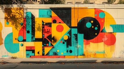 A vibrant street art mural featuring oversized, colorful geometric patterns in shades of yellow, orange, and turquoise. 