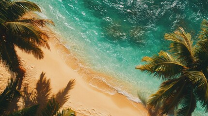 A vibrant tropical beach with clear turquoise water and palm trees swaying in the breeze. 