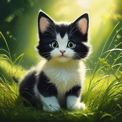 Obraz premium Schwarz-weißes Katzenbaby auf einer Wiese