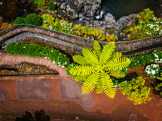 Drone view of Ribeira dos Caldeiroes Natural Park in Azores