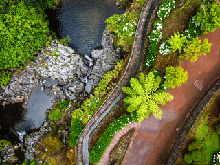 Drone view of Ribeira dos Caldeiroes Natural Park in Azores