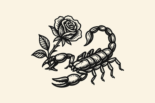 Scorpion and rose illustration in vintage engraving black and white style