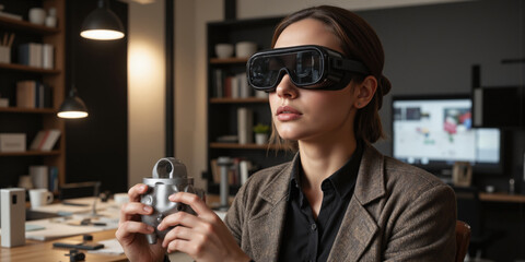 Person designing 3D model on virtual reality headset, creative studio, focused mood, highlighting the use of VR in design and engineering fields.