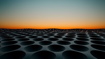 Obraz premium A dark, undulating surface patterned with regularly spaced, deep circular recesses is illuminated by small, scattered orange lights against an orange and teal sunset sky.