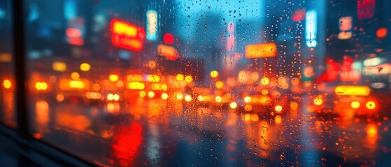 Fototapeta premium City street at night with bright lights and reflections on wet pavement.