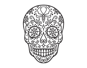 Mexican skull coloring page Mexico day of the dead hand drawn logo icon art. Intricate Patterns outline drawing, halloween doodle style