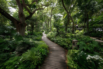 Serene Wooden Pathway Amidst a Vibrant Lush Green Botanical Garden

