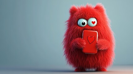 Fototapeta premium 3D Cute Fluffy Monster Character Holding Mobile Phone with Heart Icons, Communicating Love and Social Media Fun