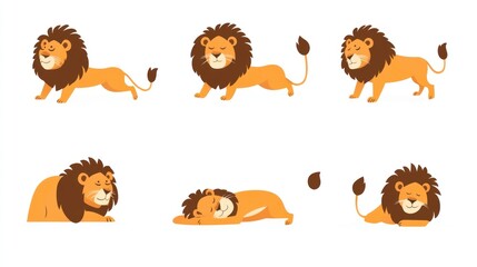 Six Cartoon Lions Posing, Sleeping, Safari Background, Children's Book Illustration
