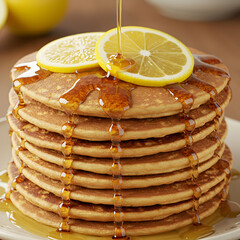 A close up of a stack of pancakes with lemon slices and syrup being poured on top of the pancakes
