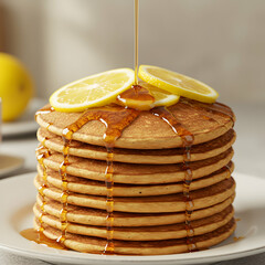 A tall stack of pancakes with lemon slices and syrup being poured on top on a white plate dish
