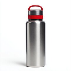 Close-up of a sleek metal water bottle with a red handle and band against a white background