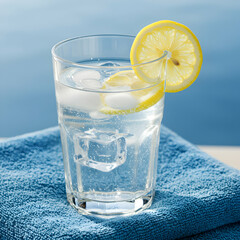 A clear glass of water with ice cubes and lemon slices on a blue towel against a blurred background