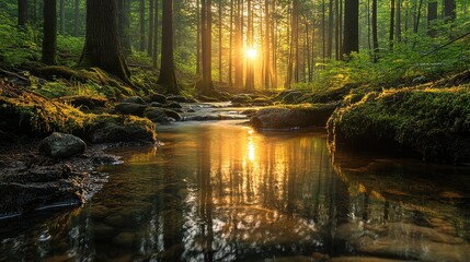 Obraz premium Sunlit forest stream, sunrise, mossy banks, calm water, nature background, ideal for tranquil scenes
