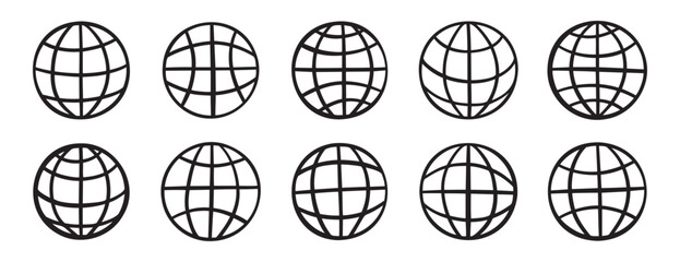 website globe doodle hand drawn icon set. Outline drawing internet line clipart symbol collection
