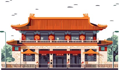 Fototapeta premium Asian-style structure with a detailed facade and decorative features.