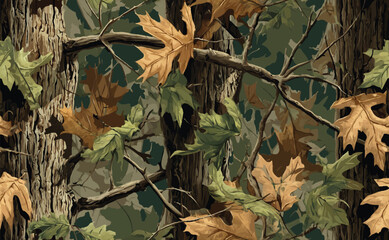 Hunting camouflage Seamless pattern. Real tree forest camouflage seamless pattern design pattern for hunting and military uniform.