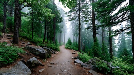 Obraz premium Misty Forest Pathway Through Dense Green Trees in Enchanting Wilderness Landscape