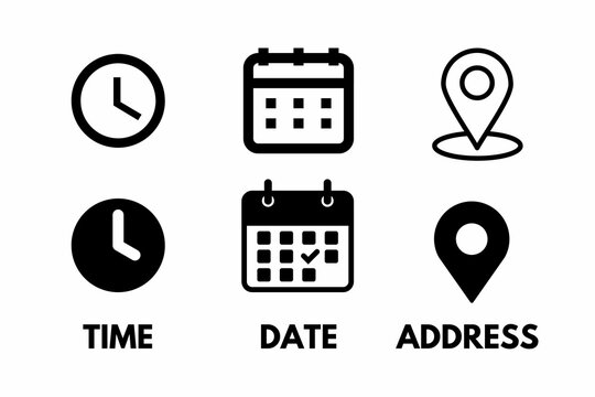 Clock, calendar, location. Time, date and address icon set.     travel icons set