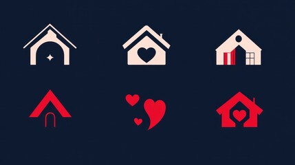 Set of six house icons with hearts, ideal for real estate or housing concepts