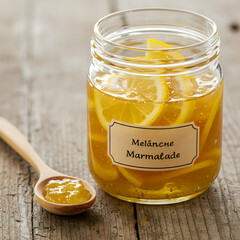 A glass jar filled with lemon slices and marmalade, with a wooden spoon on a wooden surface nearby