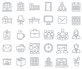 30 Set of office transparent backgroun. vector illustration office environment style line outline icons
