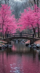 Fototapeta premium A serene park scene with a pink cherry blossom-lined bridge over a tranquil stream.