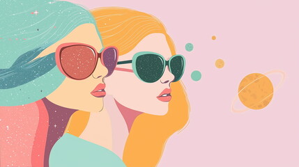 Vector-style minimal illustration of planets as fashionable girls with unique colors and personalities, pastel background