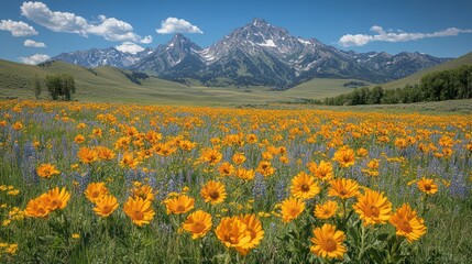 Fototapeta premium Meadow of yellow flowers leads to mountains under a blue sky with clouds.