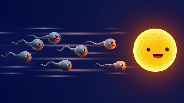 Dramatic sperm race animation, intense swimming motion, cinematic fertilization scene with blur trails, racing to egg