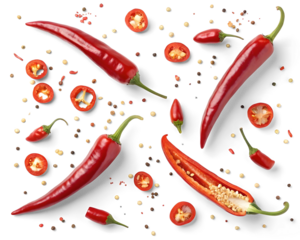 Realistic image of multiple red chili peppers scattered across a white or transparent background