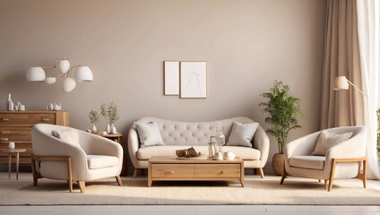 Fototapeta premium Cozy Light Living Room Interior Featuring Armchair and Decor