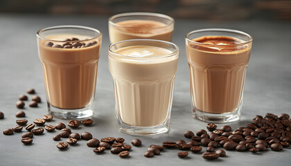 Delicious latte macchiato in glasses and coffee beans on grey table, close up