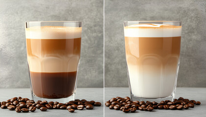 Delicious latte macchiato in glasses and coffee beans on grey table, close up