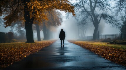 Obraz premium Woman walking autumn path, foggy park, leaves, solitude