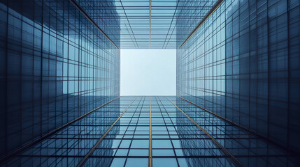 stunning view of skyscrapers with clear sky above, showcasing modern architecture and glass