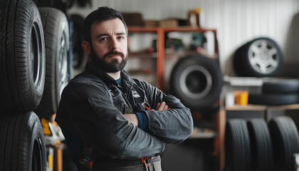 Male mechanic with car tires on white background