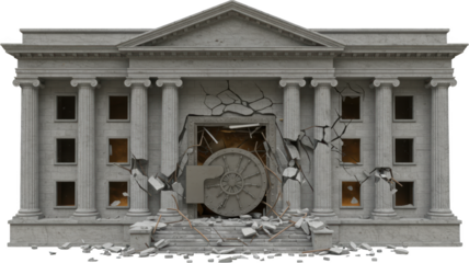 Destroyed Bank Building Facade with Exposed Vault Door 3D Render