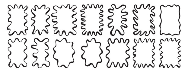 squiggle frame set. Smooth wavy border template. Rectangle serrated retro groovy shapes set. Cute funky geometric posters for modern design