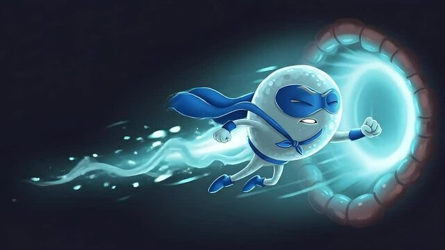 Cartoon superhero sperm swimming heroically toward egg, dynamic tail movement, glowing background, playful and motivational