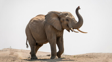 Obraz premium African Elephant Raising Trunk High in Desert Landscape