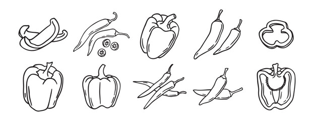 red hot chili peppers and bell peppers doodle hand drawn icon set. Outline drawing red hot chili peppers and bell peppers line clipart symbol collection