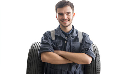 Male mechanic with car tires on white background