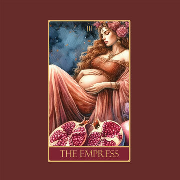 A watercolor Tarot card 'The Empress'.Tarot card colorful deck. Major arcana set part . Vector hand drawn engraved style. Occult and alchemy symbolism.