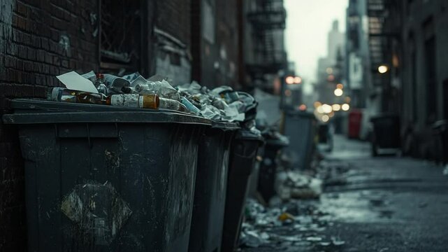 Urban Decay: Overfilled Trash Cans in a Gritty Alleyway Depicting Neglect and Pollution