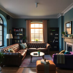 Cozy and elegant living room interior with a corner leather sofa, fireplace, bookshelves, and natural light from a large window. 