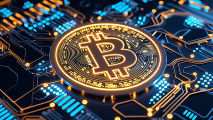 bstract Golden Bitcoin Symbol with Digital Circuit Lines - Blockchain Technology, Cryptocurrency Mining, and Crypto Trading Concept