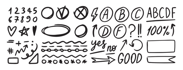 Grading hand drawn doodle set elements for school. Knowledge testing marks. grades results, frame accent line, plus and minus signs, check mark and cross mark, underlines, arrows. 