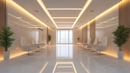 Obraz premium clean, empty medical clinic lobby with modern chairs and warm lighting creates welcoming